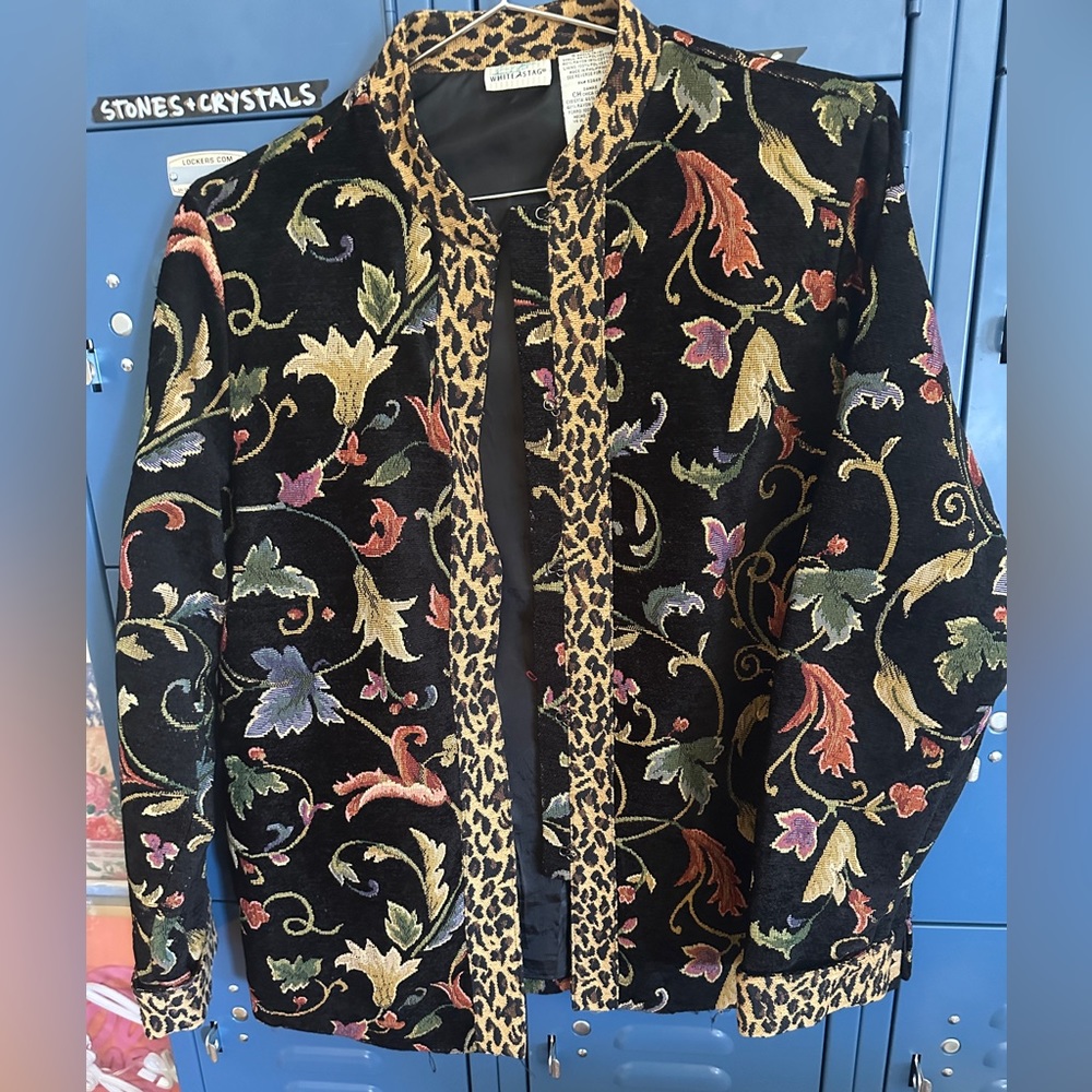 Vintage White Stag Floral and Leopard Print Trim Velvet Utility Jacket